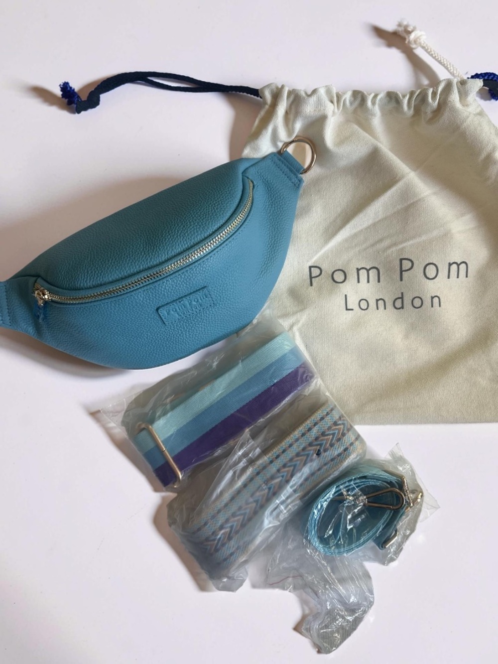 Pom Pom London Baby Blue Leather Crossbody Bag New With Tags